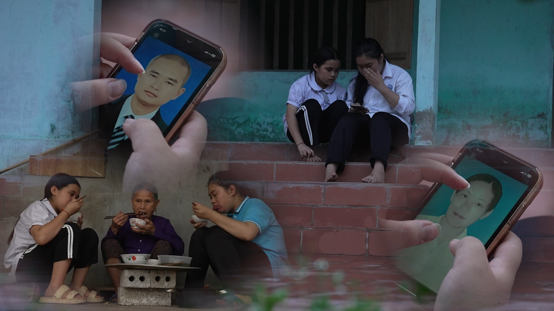 Hai chị em Ngọc Diệu và Ngọc Oanh chỉ có thể nhìn lại cha mẹ qua bức ảnh nhỏ trên màn hình điện thoại.